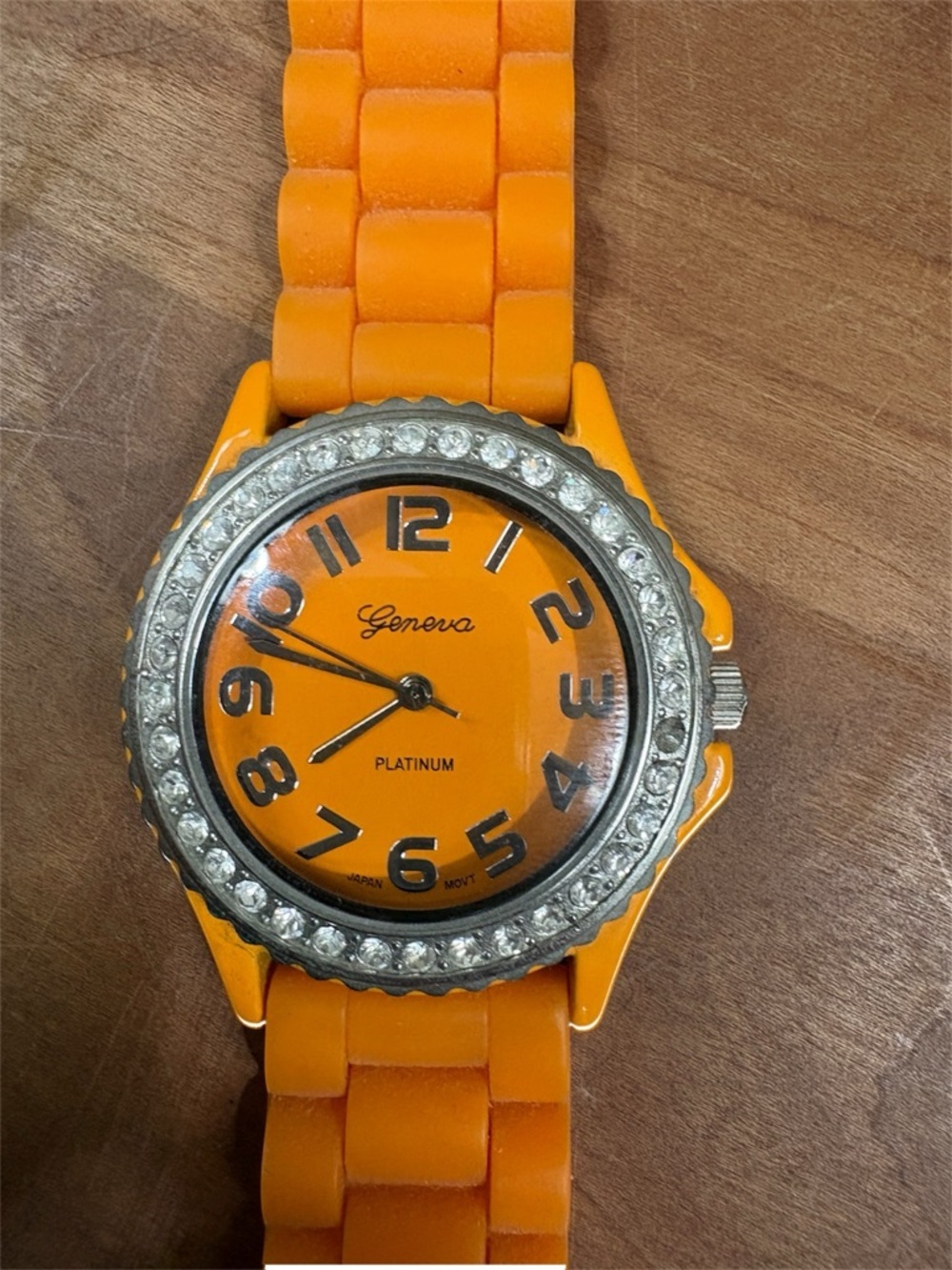 Geneva Platinum Orange Dial Crystal Bezel & Orange Rubber Band Watch
